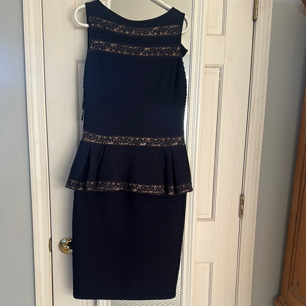 Tadashi Shoji Black Lace Peplum Dress (or very dark navy)
